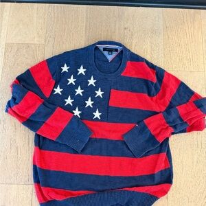Tommy Hilfiger Red and Navy Striped Crewneck Sweater